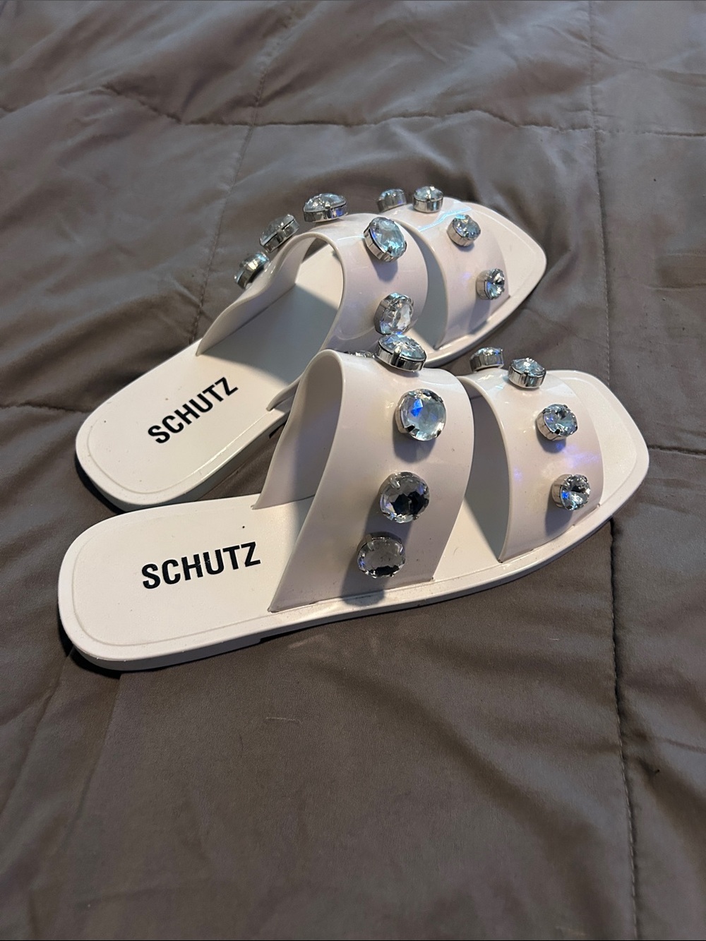 SCHUTZ White Jeweled Double-Band Slide Sandals